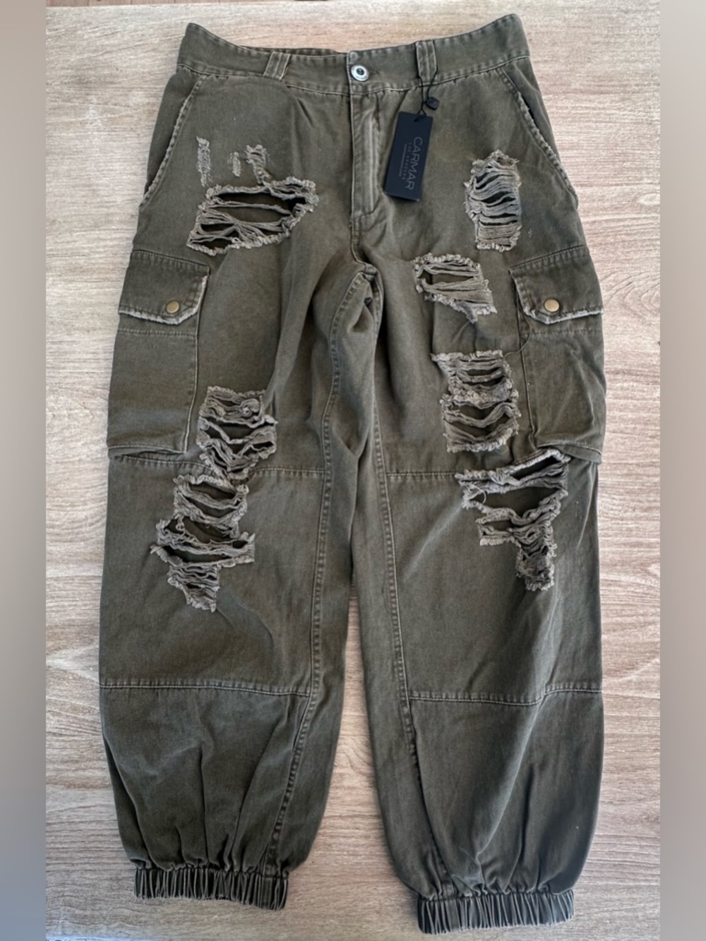 NWT Carmar army green cargo distressed jogger pants size 12 retail $216